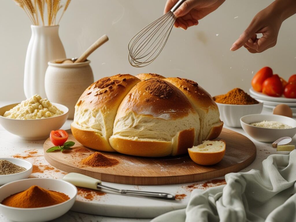 "A stack of freshly baked, golden-brown homemade bun bread, perfectly fluffy and soft, on a wire cooling rack, ready to be sliced for sandwiches or burgers."