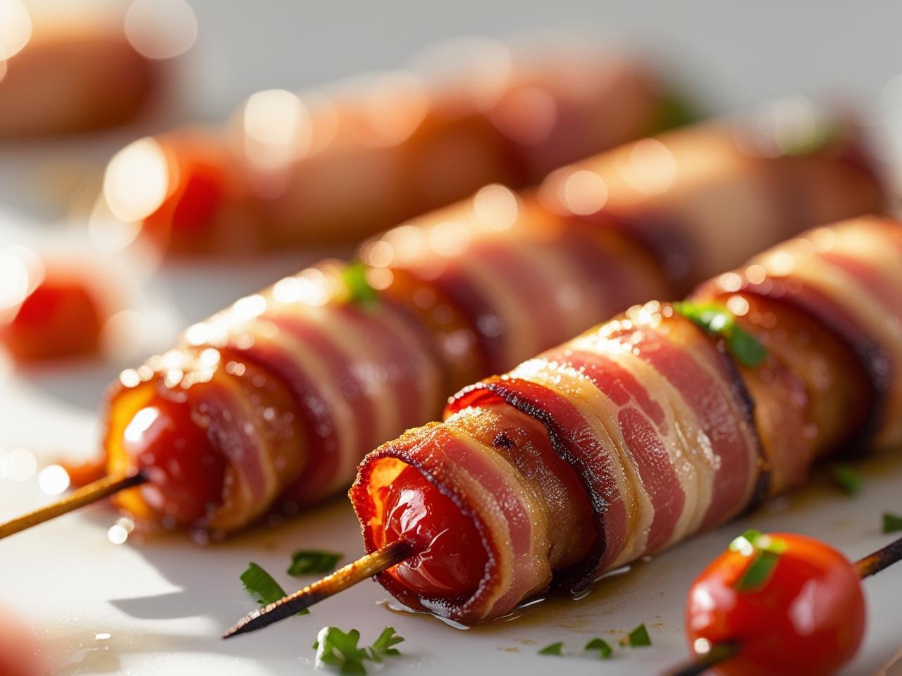 A platter of bite-sized bacon-wrapped little smokies, glazed with a sweet and savory sauce, garnished with fresh chives.