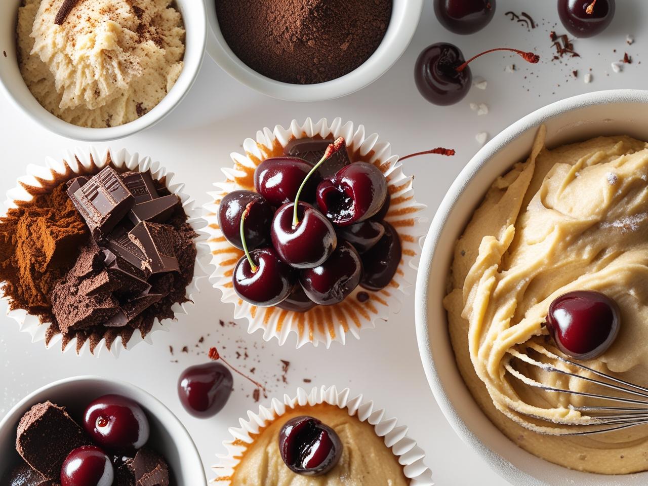Homemade Black Forest muffins with a rich, dark chocolate base, topped with swirls of whipped cream, fresh cherries, and chocolate shavings.