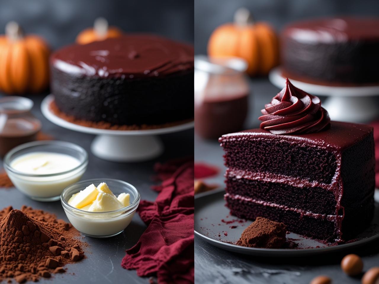 A spooky Black Velvet Halloween cake with a jet-black crumb, frosted with dark buttercream, and topped with eerie decorations like spiders and cobwebs.