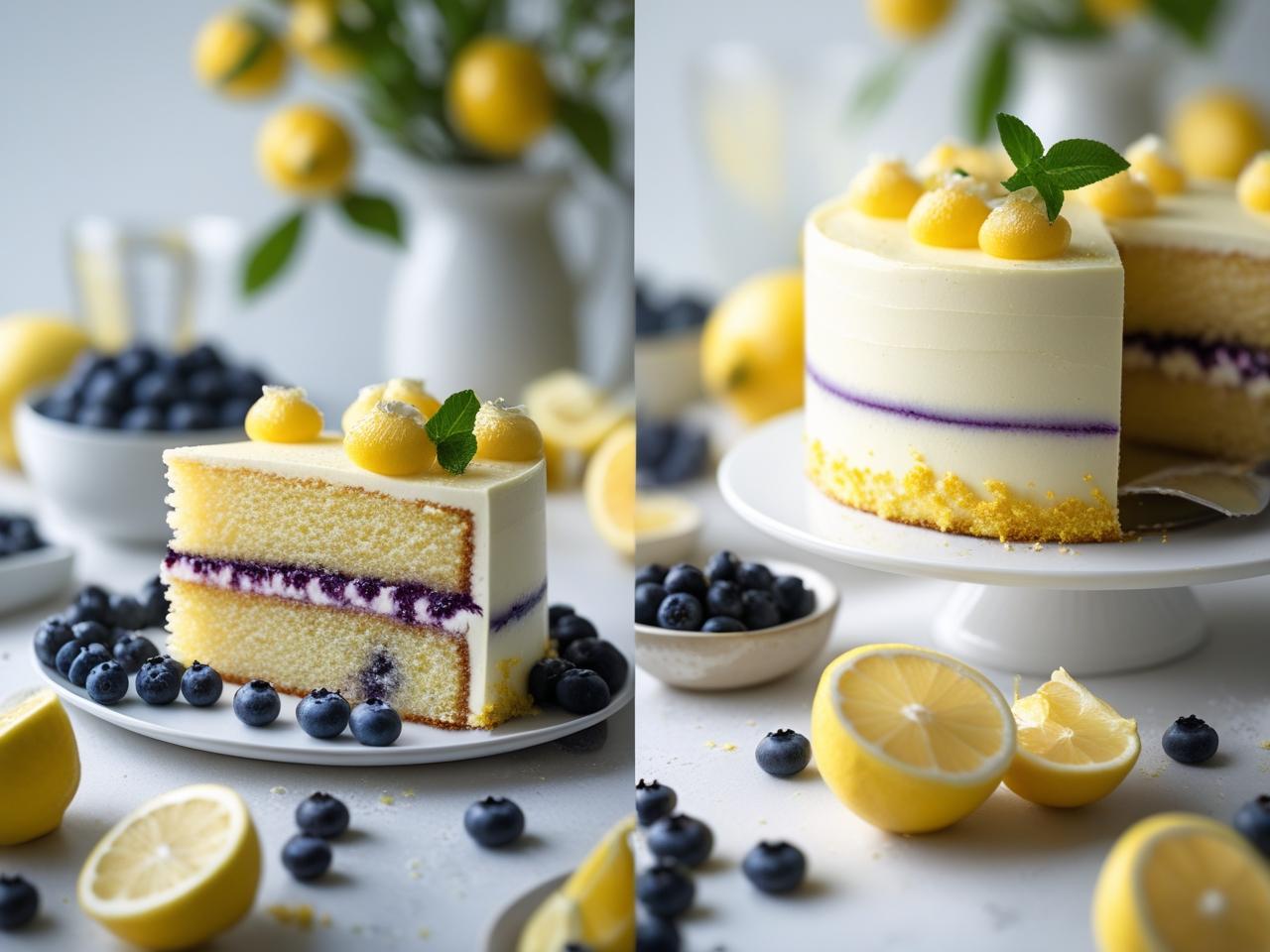 A beautiful two-layer blueberry lemon curd cake with creamy frosting, topped with fresh blueberries and lemon slices.