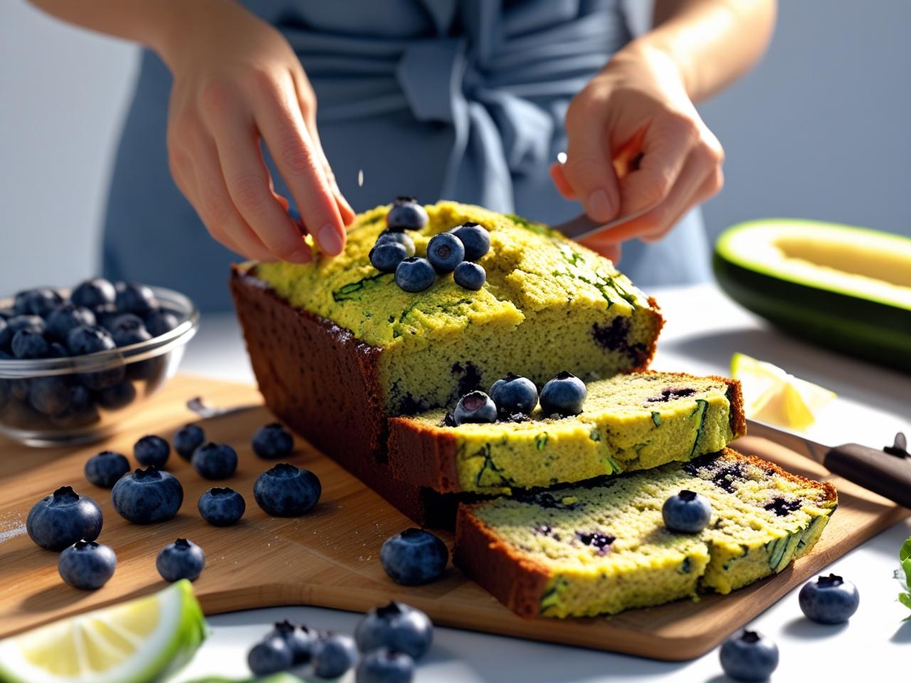 Four slices of freshly baked blueberry zucchini bread on a wooden cutting board, with visible shreds of zucchini and juicy blueberries.