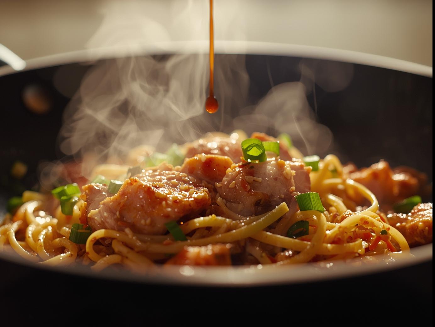 A large skillet of homemade chicken chow mein with stir-fried noodles, tender chicken, and vibrant vegetables like cabbage, carrots, and bell peppers.