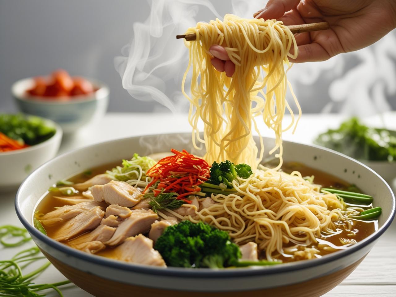 A large bowl of chicken noodles with tender shredded chicken, colorful vegetables, and long, savory noodles in a rich sauce.