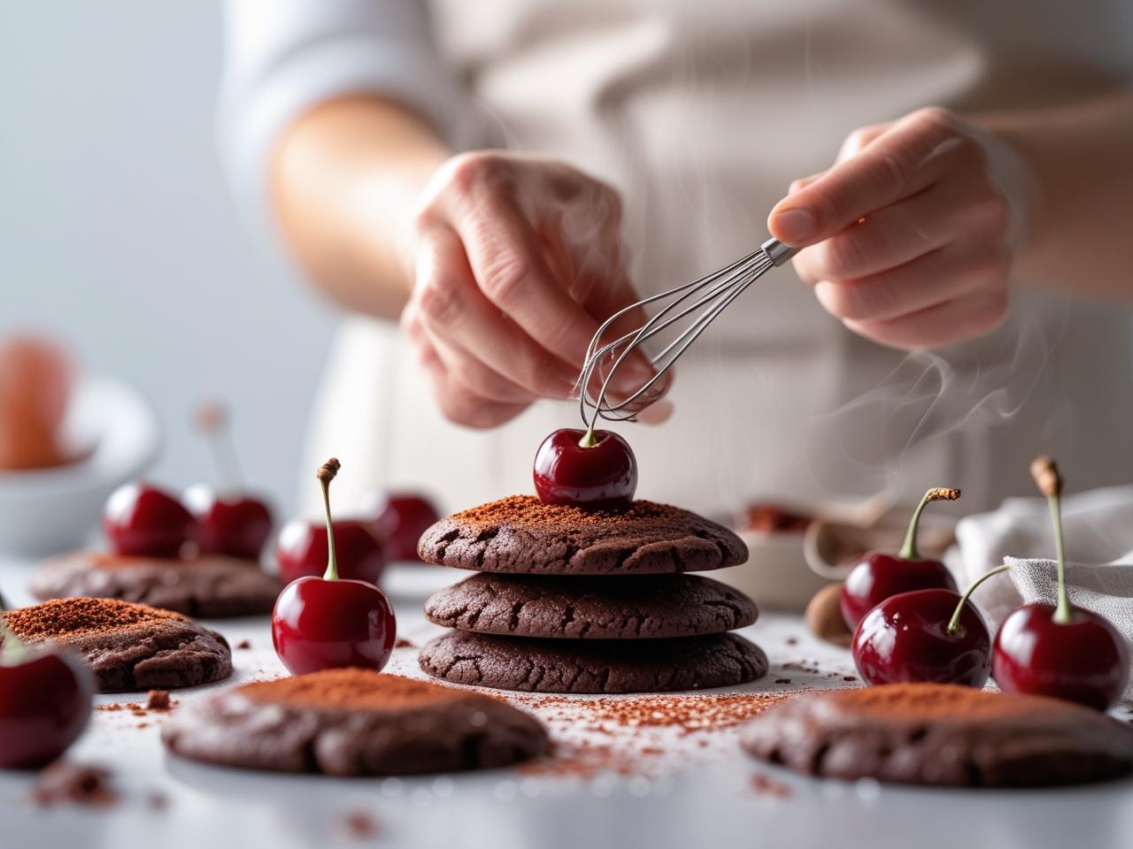 Decadent chocolate cherry cookies with rich, fudgy centers and tart dried cherries, set on a wire cooling rack.