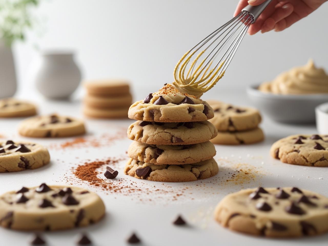A close-up of a warm, homemade cookie dough cookie broken in half, revealing the soft, unbaked chocolate chip cookie dough center.