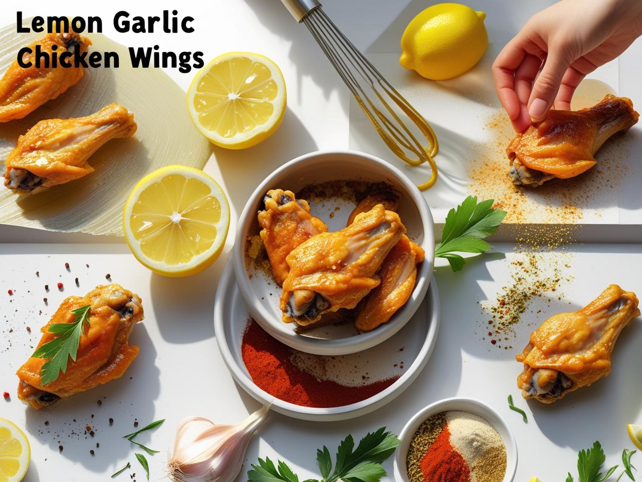 Crispy baked chicken wings coated in a golden-brown lemon garlic sauce, garnished with fresh parsley and lemon slices.