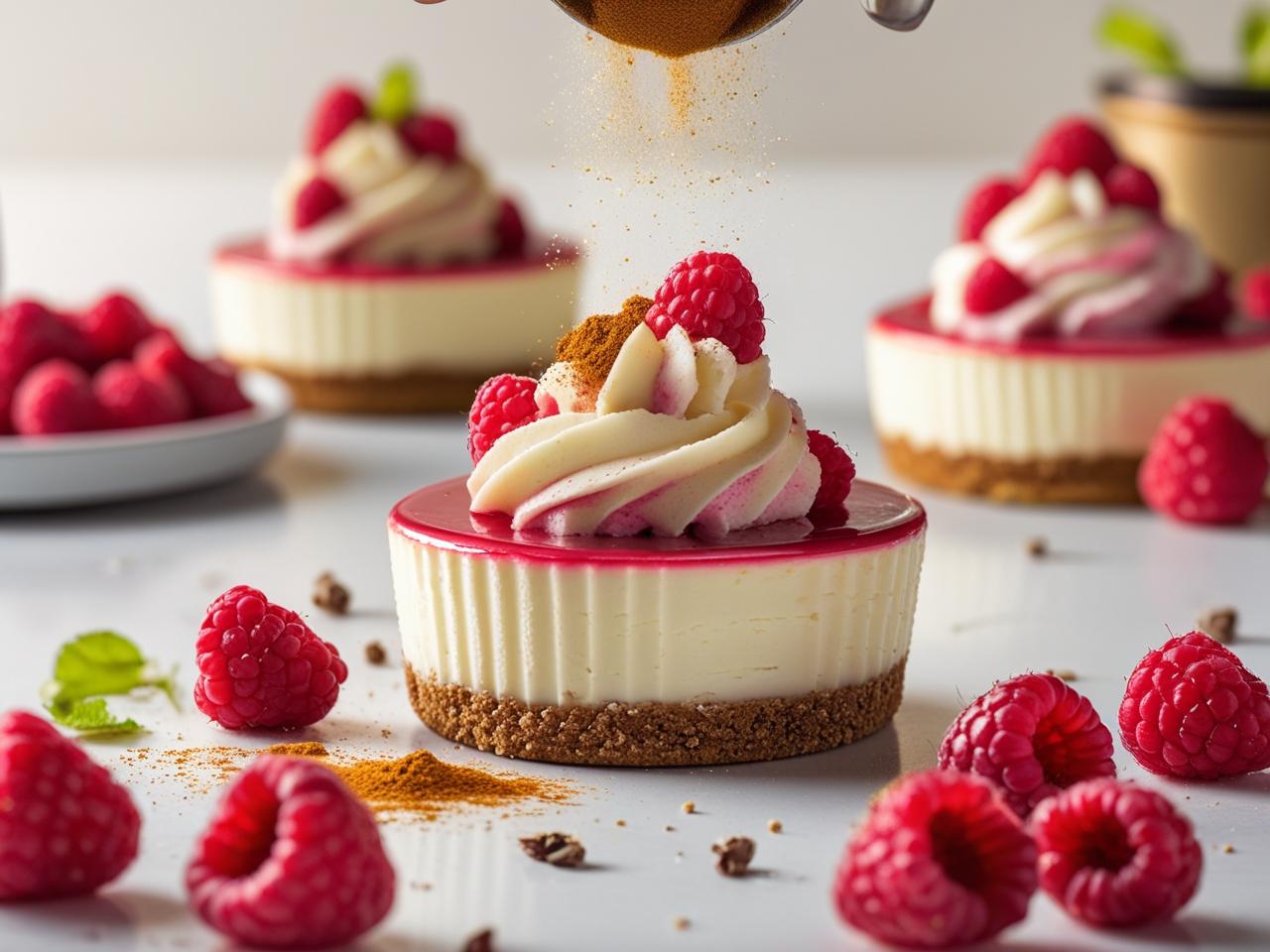 Two low-calorie mini cheesecakes topped with fresh raspberries and a dusting of powdered sugar, set against a light background.