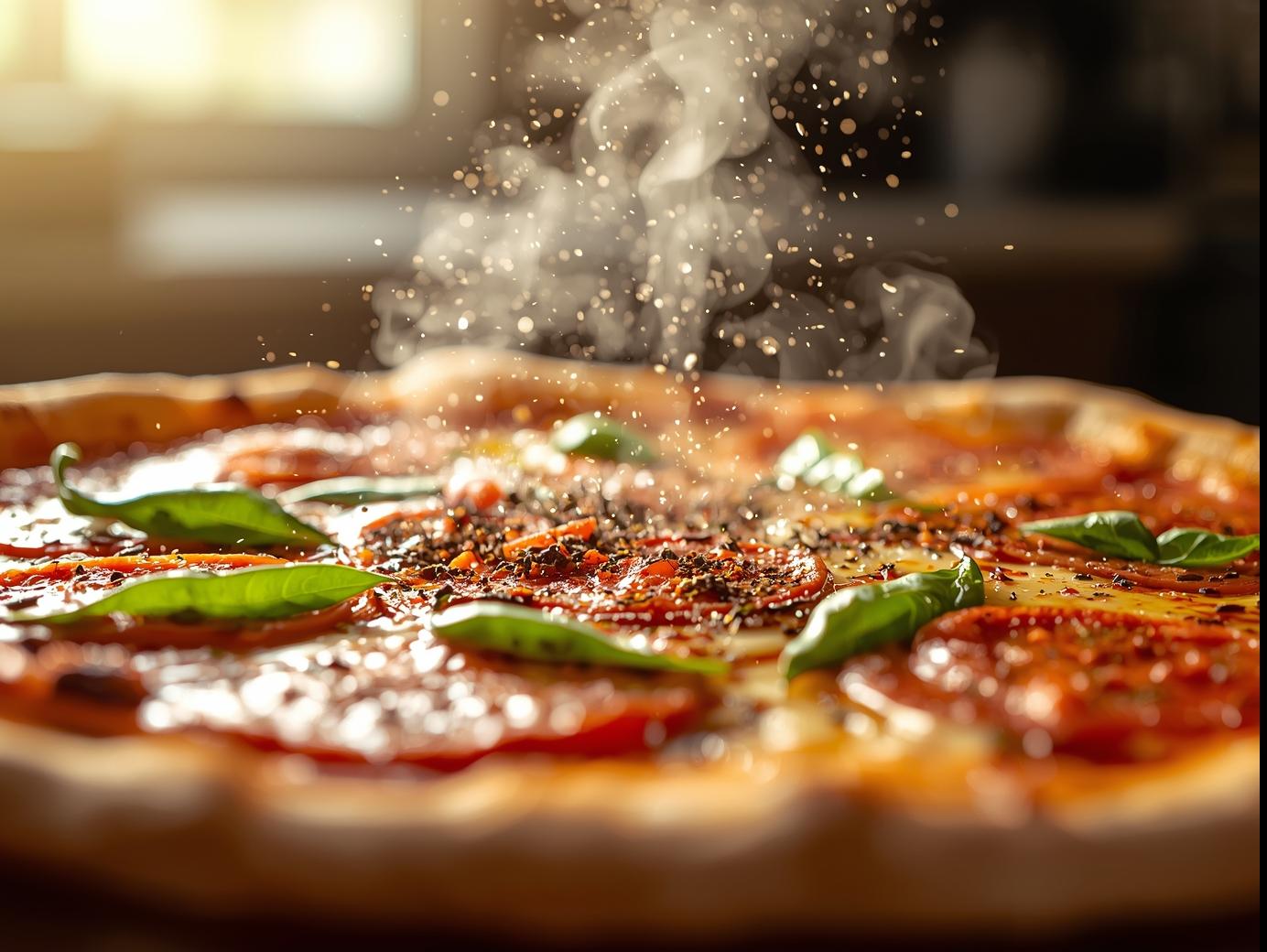 A classic Margherita pizza fresh from the oven, with bright red tomato sauce, melted mozzarella, fresh basil leaves, and a perfectly golden crust.