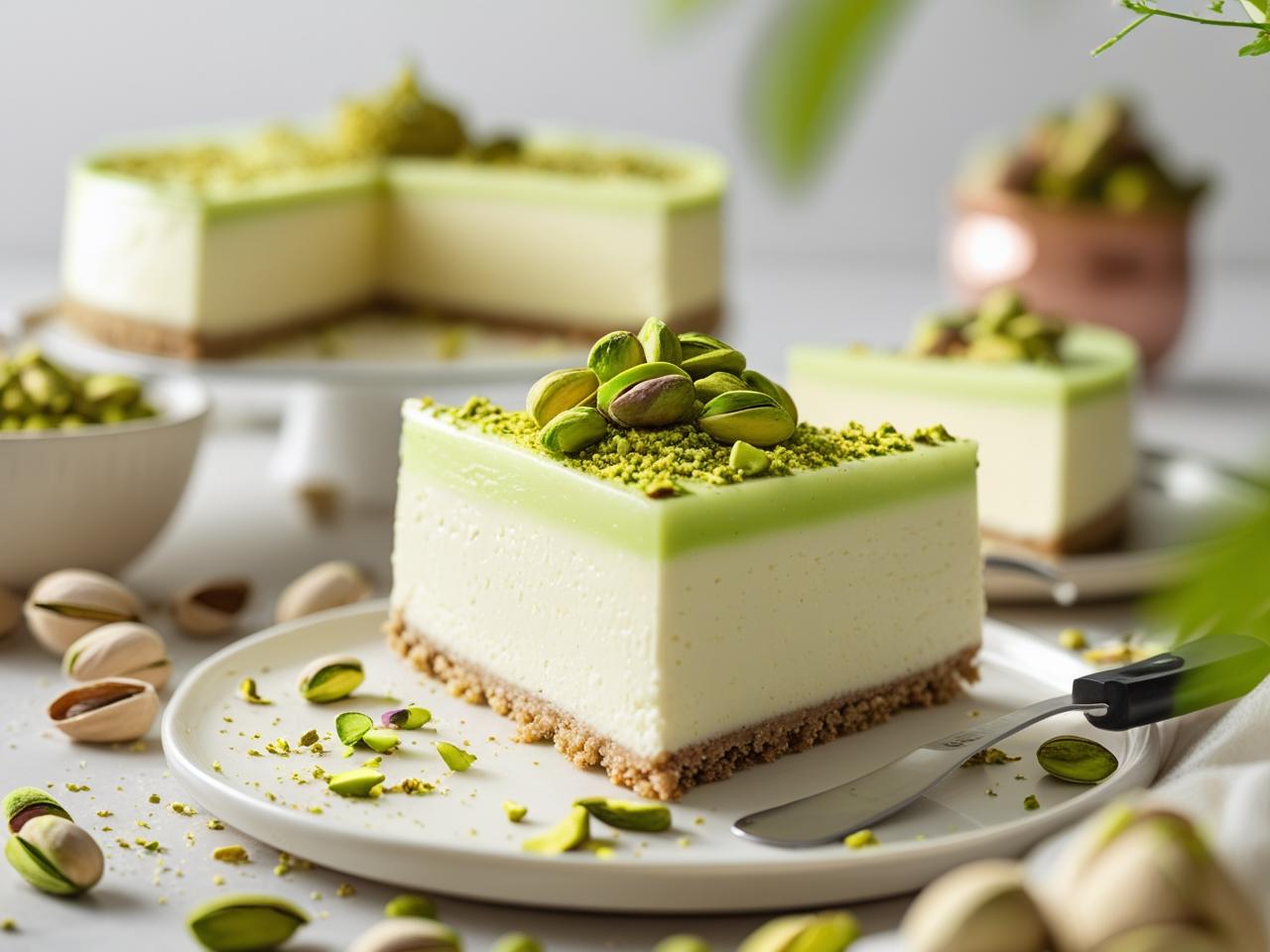 Creamy pistachio cheesecake with a buttery crust, topped with chopped pistachios and a light dusting of powdered sugar.