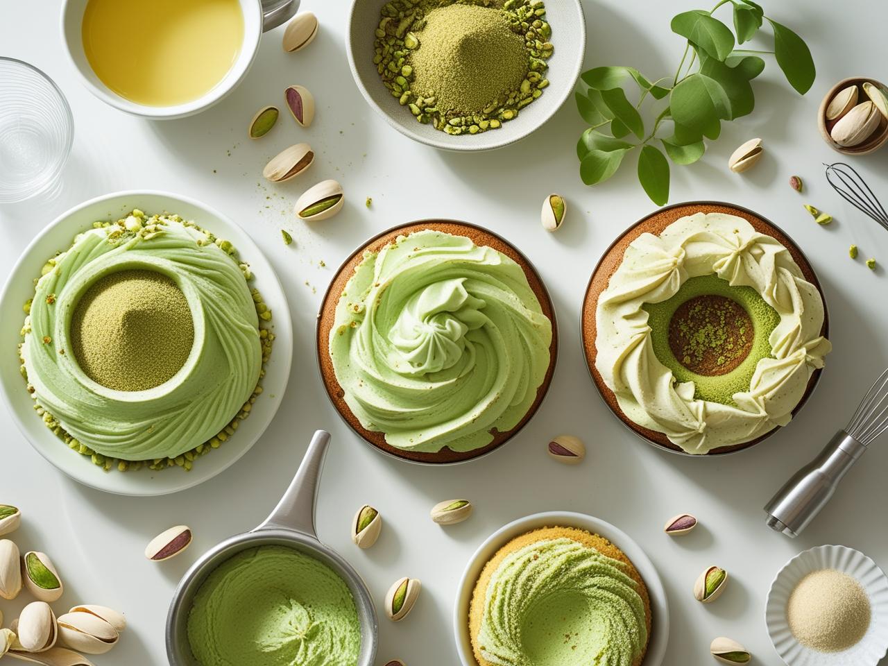 A slice of pistachio cake revealing its light green color and delicate crumb, topped with a creamy frosting and chopped pistachios.