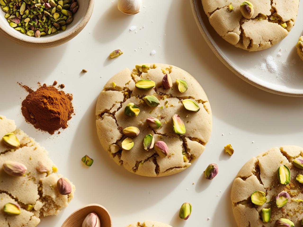 Soft pistachio cookies with a chewy texture and a light green hue, dotted with chopped pistachios.