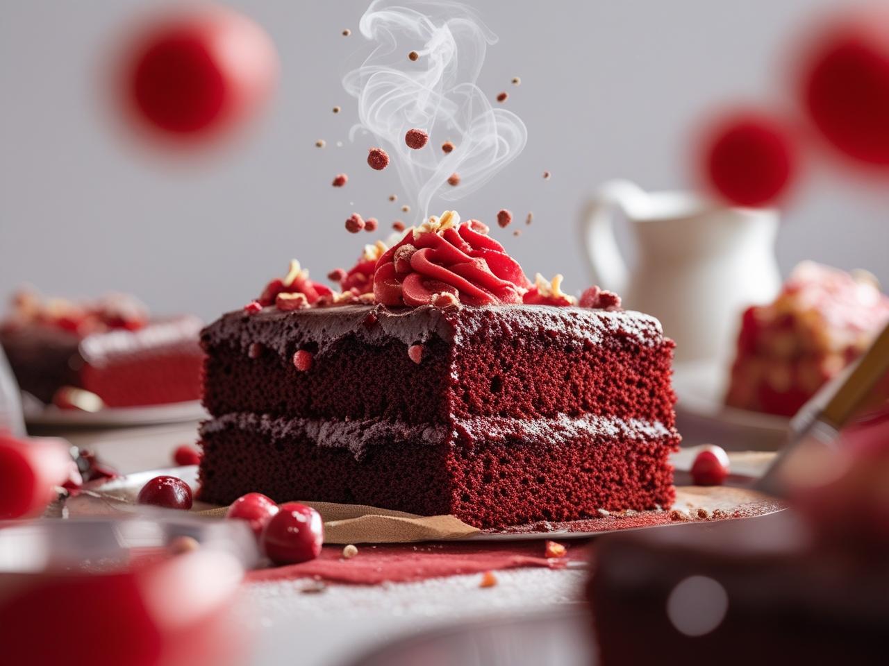 A slice of classic red velvet cake with its iconic vibrant red crumb and thick layers of creamy white frosting on a plate.