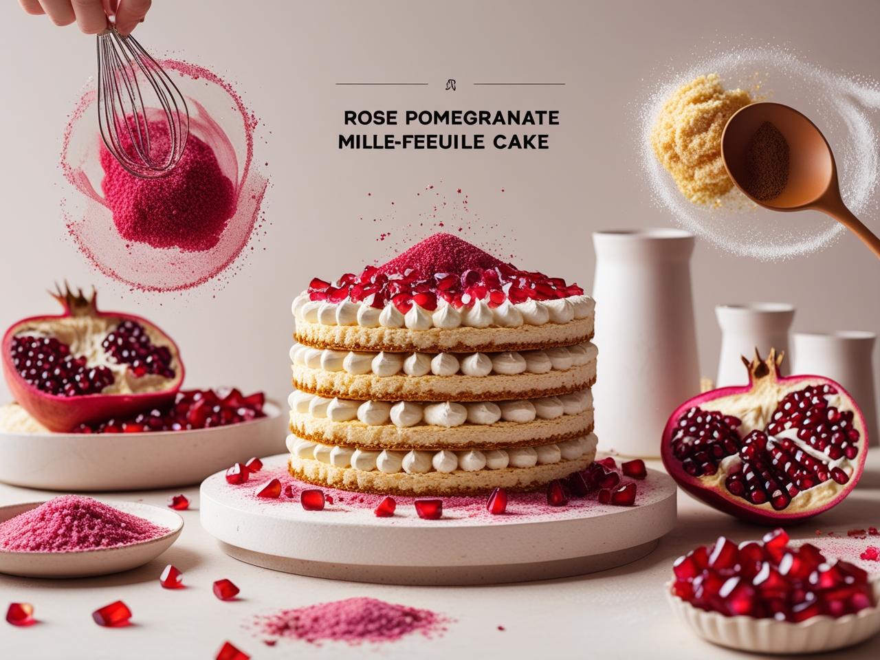 rose pomegranate mille-feuille with three layers and elegant rose petals on top