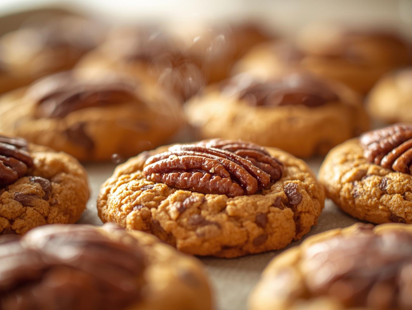 Homemade pecan pie cookies with a buttery crust, gooey caramel filling, and a perfect pecan topping, on a cooling rack.