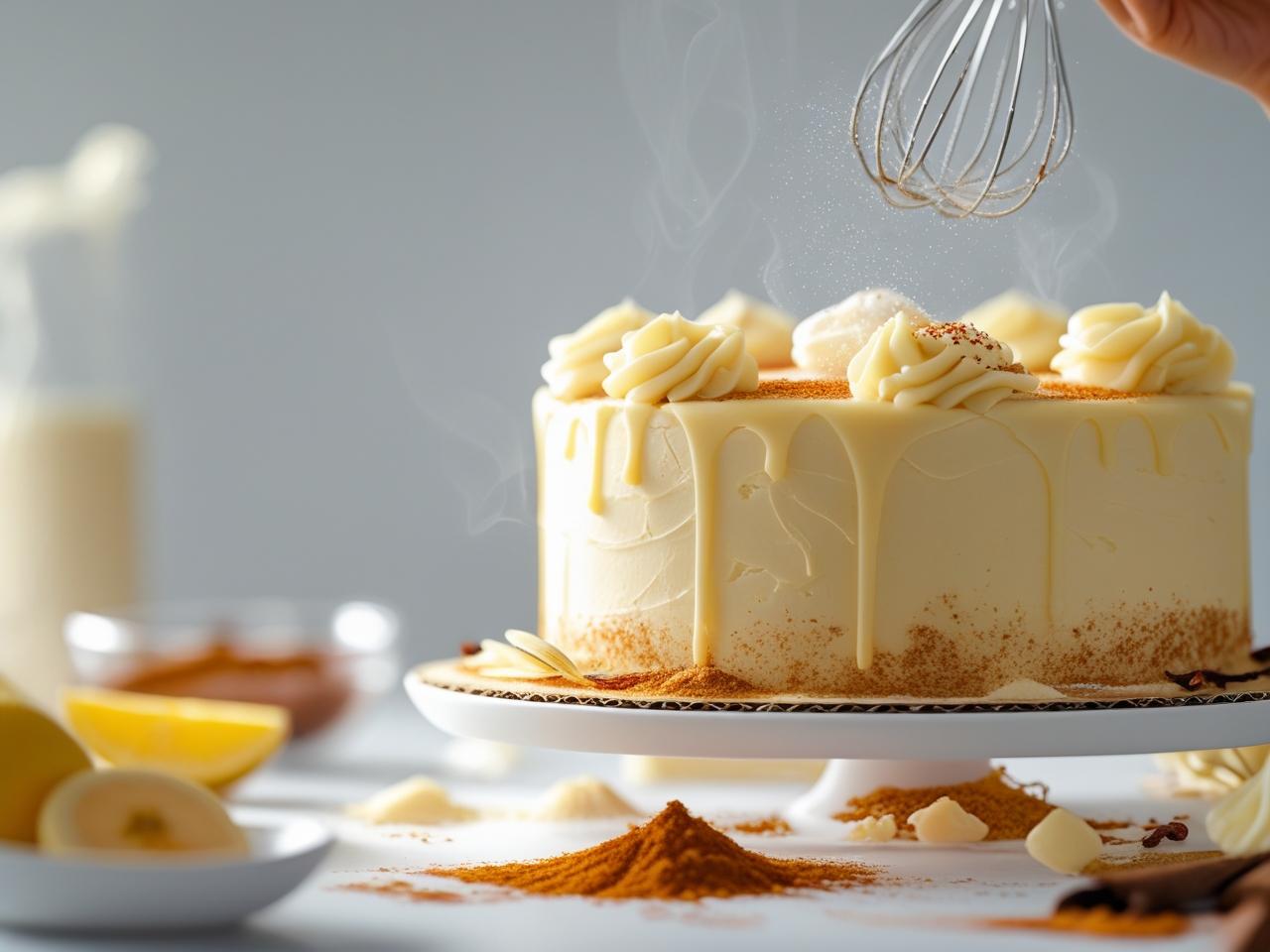 A close-up of a slice of vanilla cake, showing its soft, fluffy texture and a generous layer of creamy frosting.