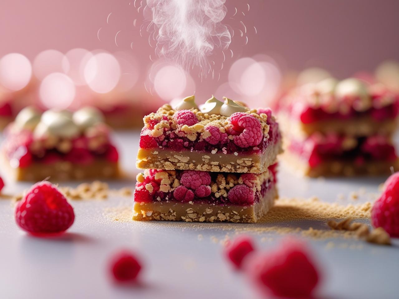 A close-up shot of two homemade vegan raspberry bounty bars, one with a bite taken out to show the pink raspberry layer and white coconut filling.