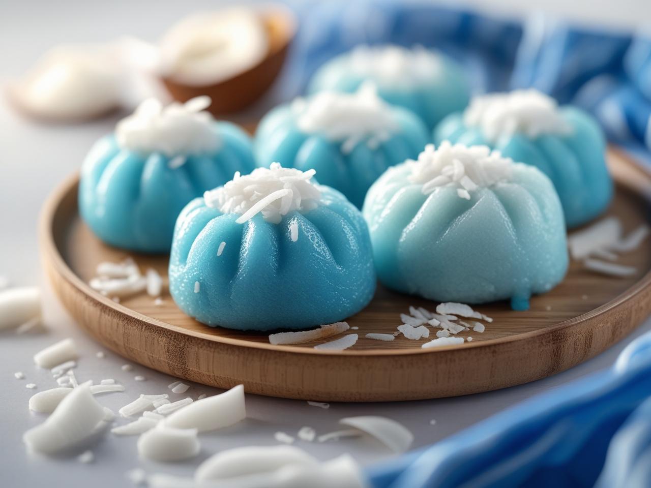 Homemade blue coconut mochi rolls filled with creamy white filling, dusted with powdered sugar, and set on a serving platter.