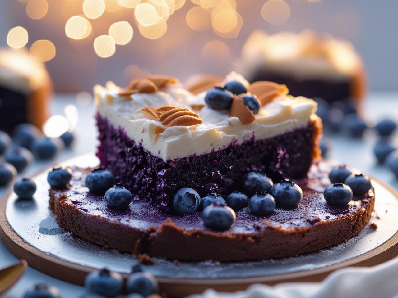 A slice of rich chocolate cake with a purple blueberry frosting, topped with fresh blueberries and a dusting of powdered sugar.