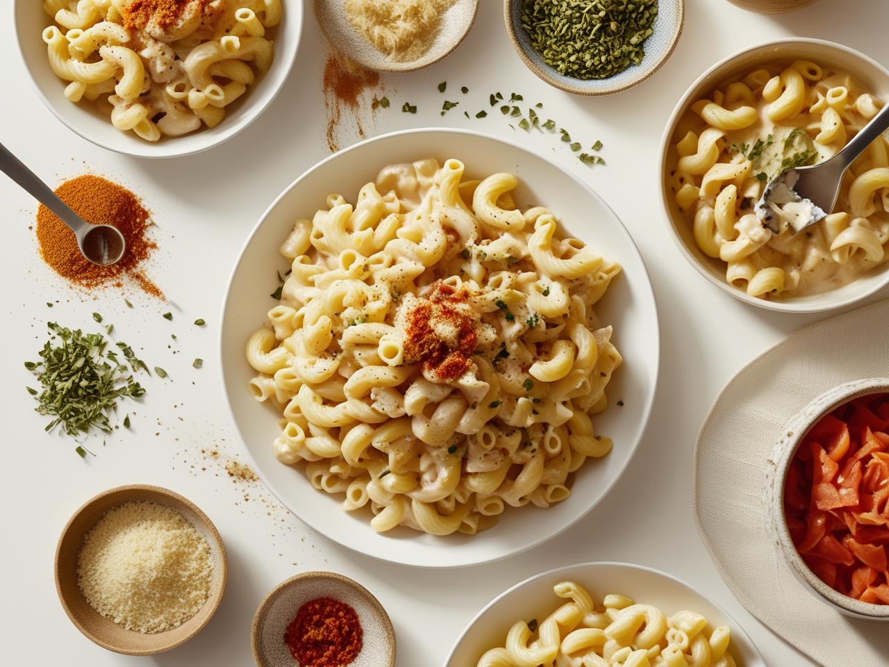 Creamy chicken macaroni pasta in a white bowl, garnished with fresh parsley, showing a rich sauce and tender chicken pieces.