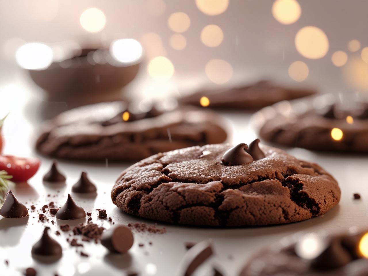 Warm, freshly baked chocolate cookies with melted chocolate chips, placed on a parchment-lined baking sheet.