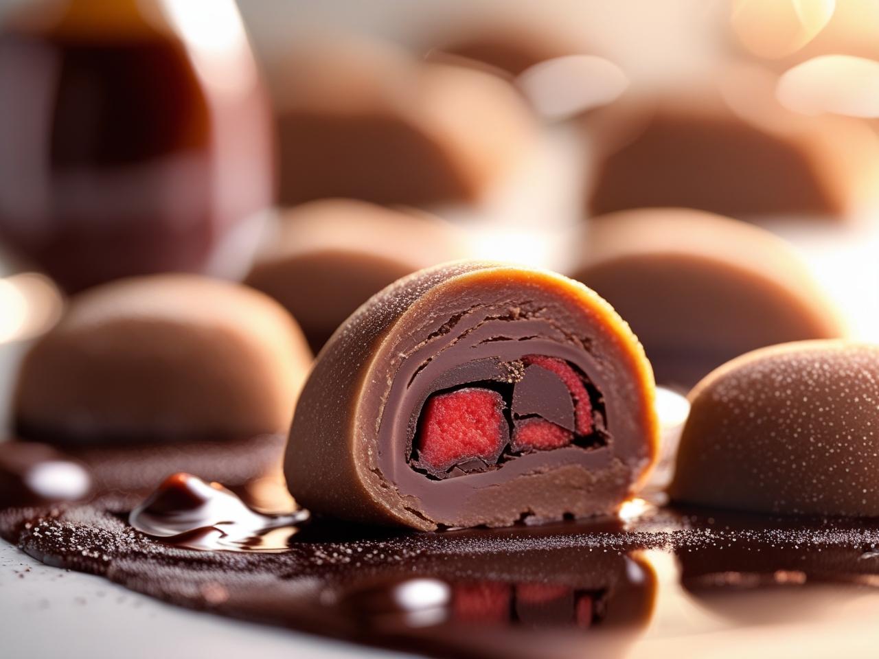 Chocolate mochi rolls filled with a rich chocolate ganache, dusted with cocoa powder and stacked on a serving plate.