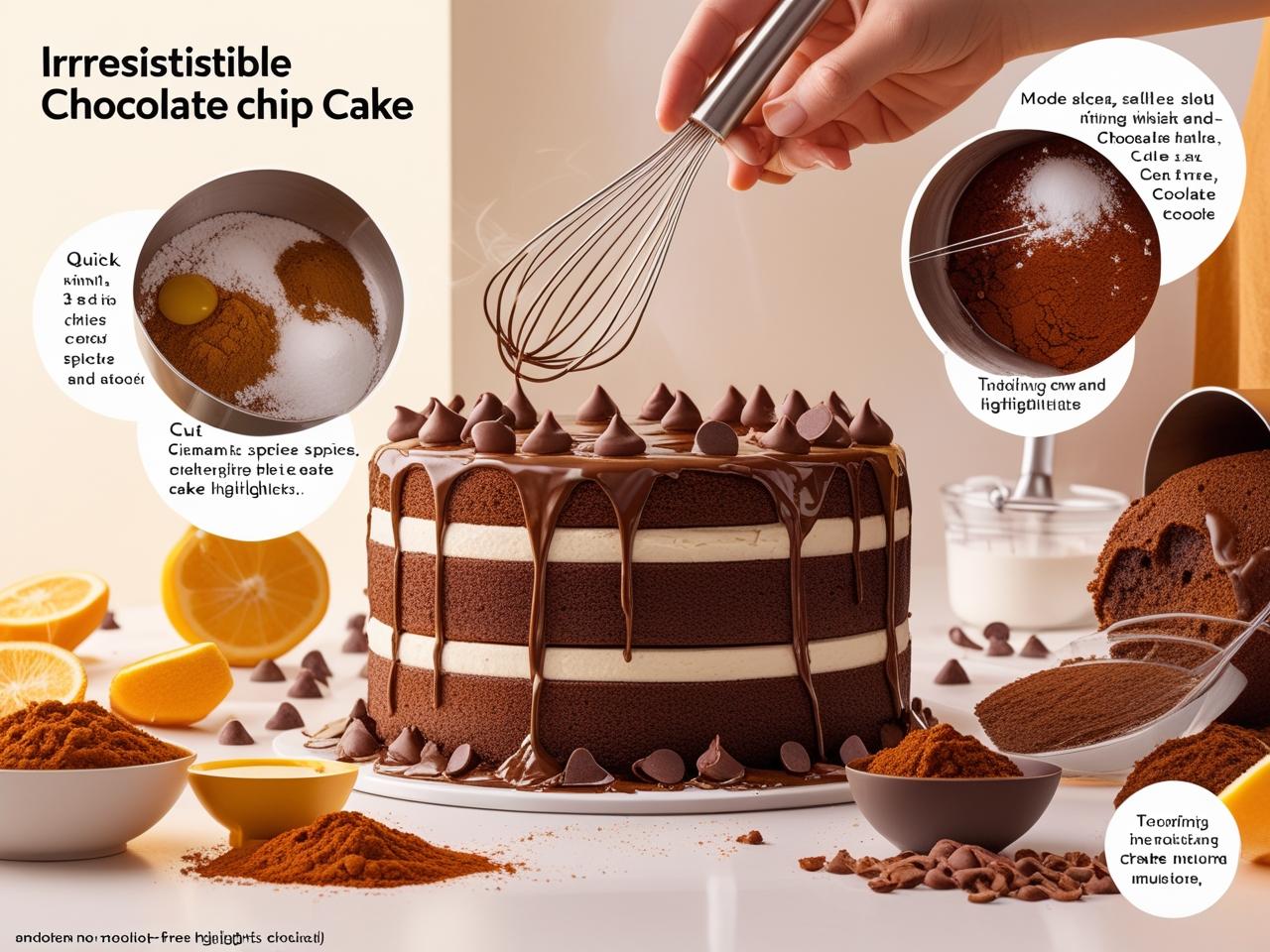 A slice of a moist chocolate chip cake on a plate, showing the rich, buttery cake studded with melted chocolate chips.