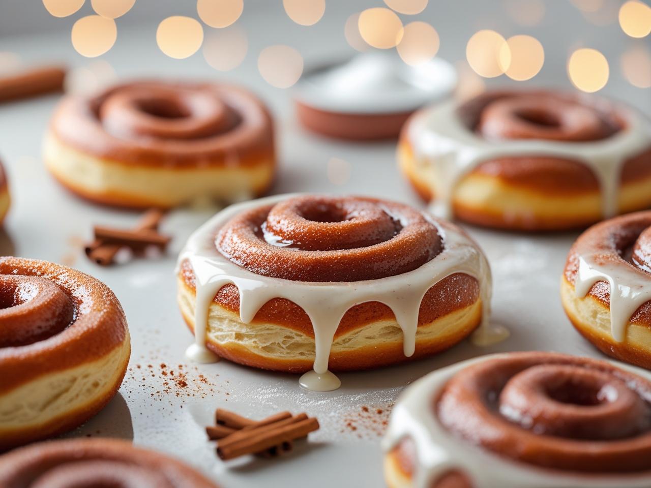 Freshly baked cinnamon roll doughnuts with a swirl of cinnamon sugar, drizzled with a sweet vanilla glaze, on a white plate.