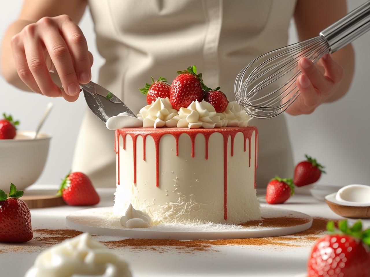 A two-layer coconut and strawberry cake covered in white frosting, topped with fresh strawberries and shredded coconut.