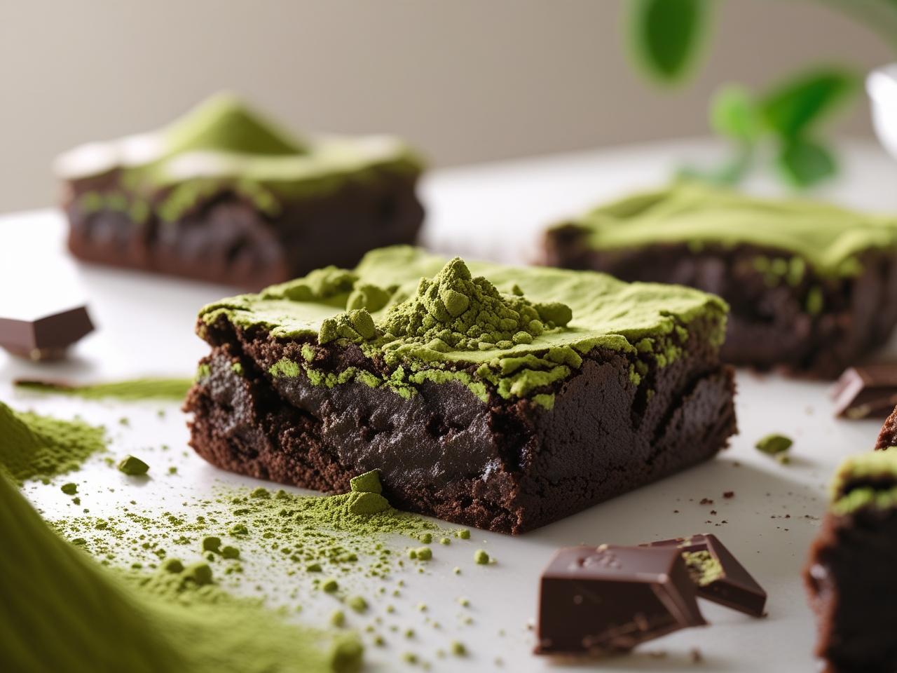 Fudgy matcha brownies with a rich green hue, a crackly top, and a swirl of melted white chocolate, placed on a wire cooling rack.