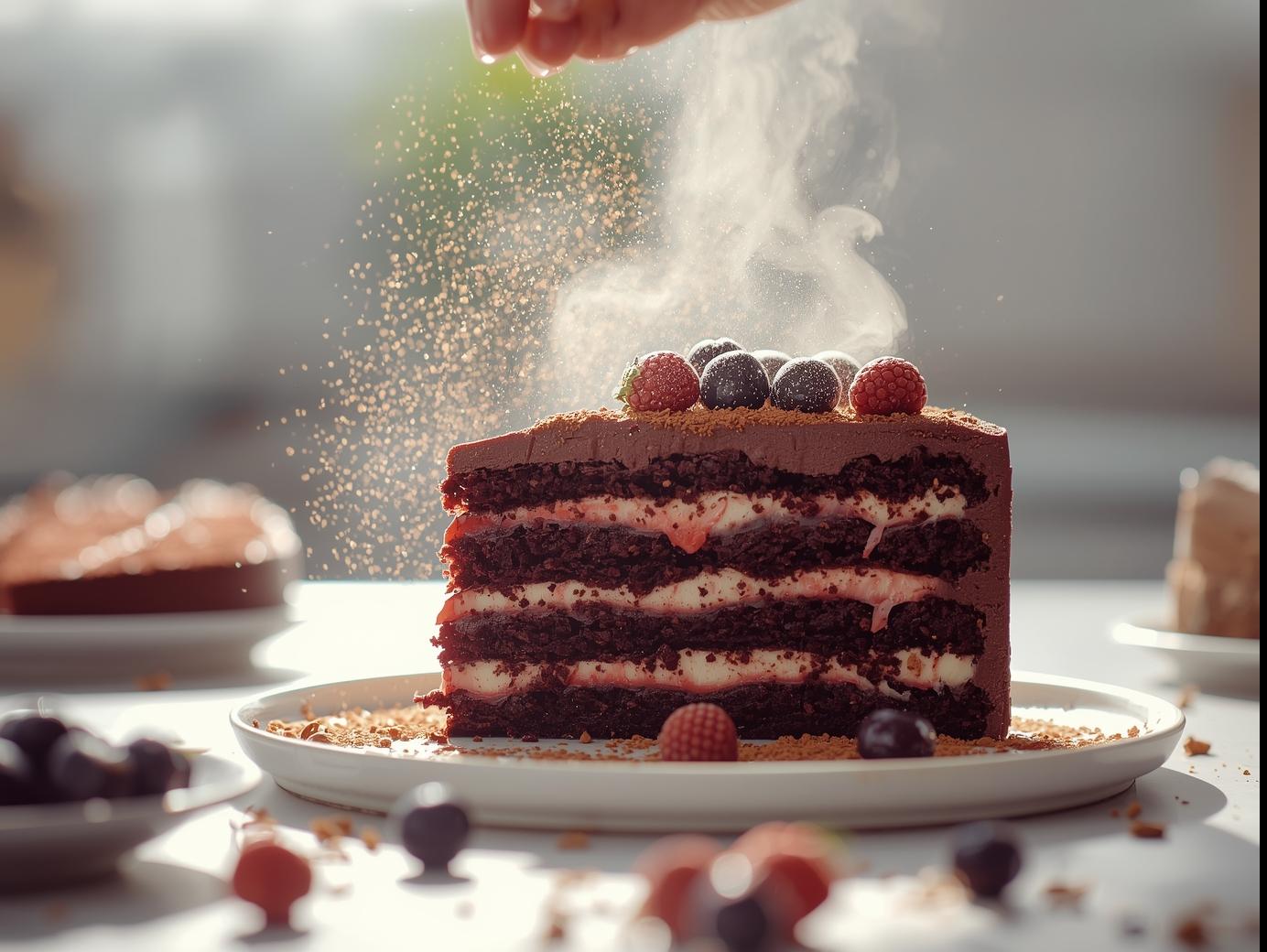 A four-layer Black Forest cake with rich chocolate sponge, cherry filling, whipped cream frosting, and garnished with fresh cherries and chocolate shavings.