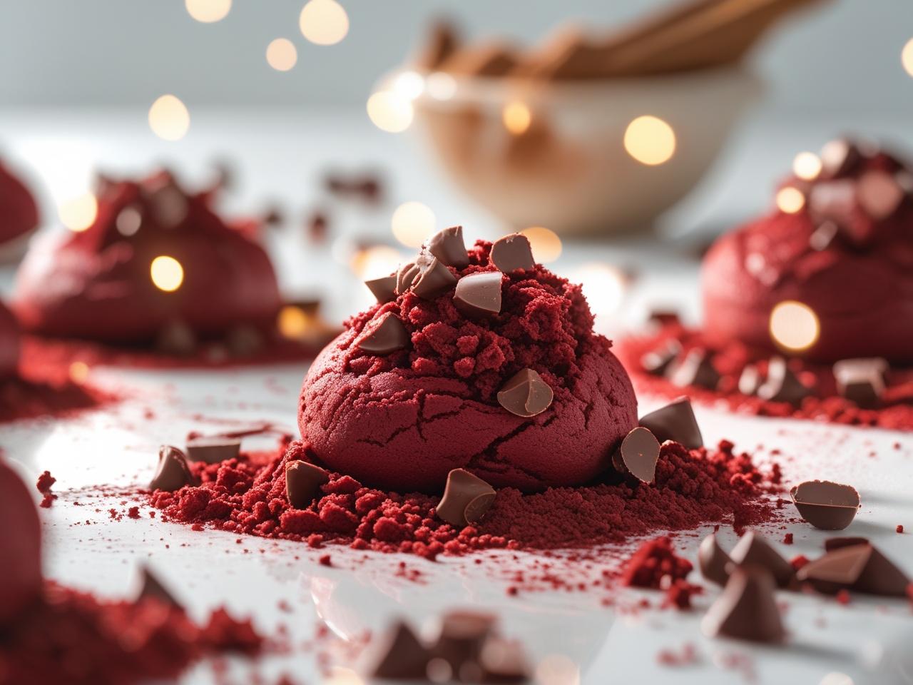 A close-up of a stack of red velvet cookies, with a cracked surface and a sprinkle of powdered sugar, showing a contrast with a creamy white filling.