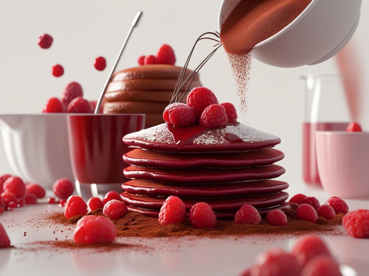 A stack of fluffy red velvet pancakes with cream cheese glaze and fresh raspberries.