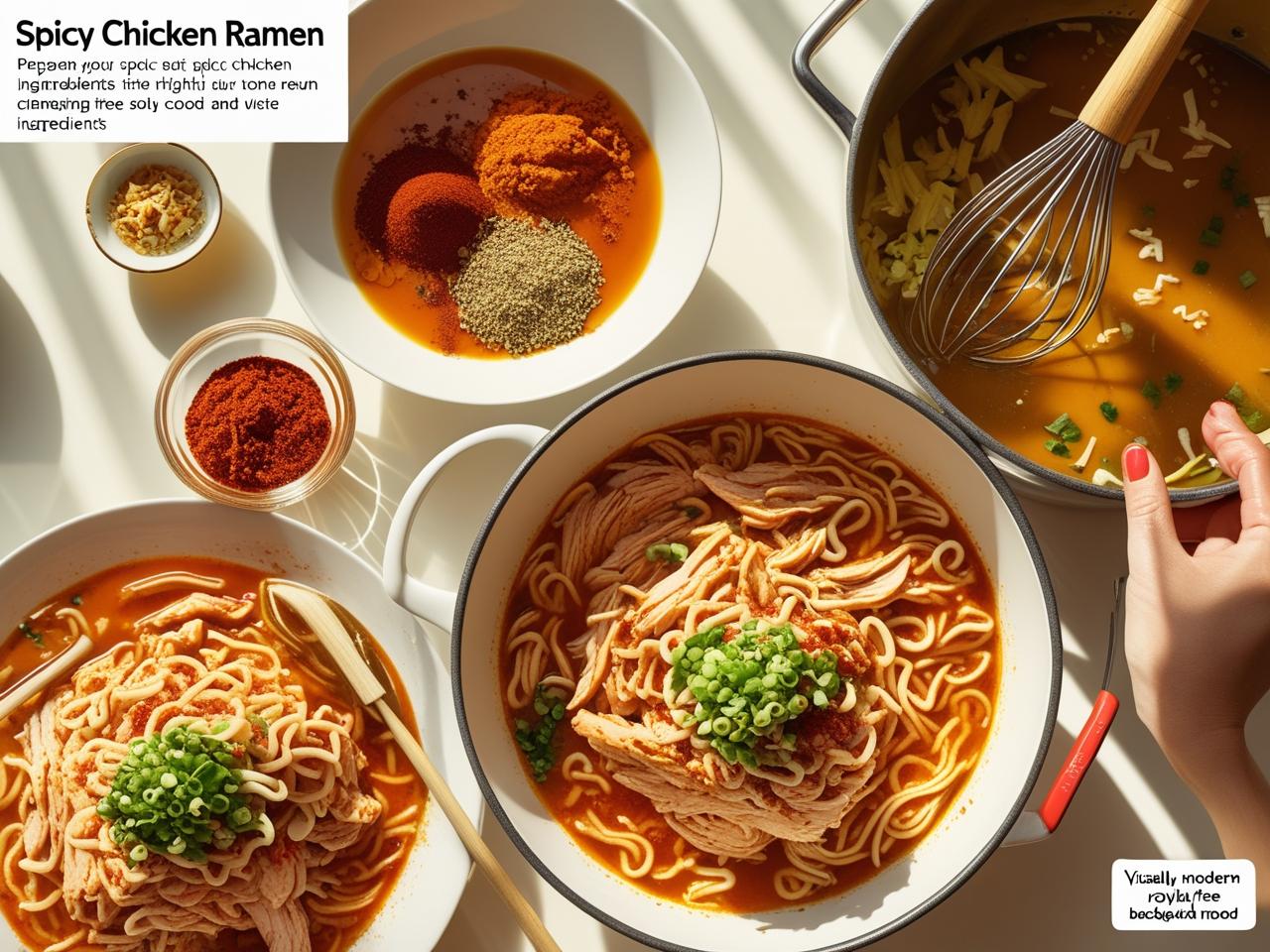 A large bowl of spicy chicken ramen with noodles, sliced chicken, bok choy, and a halved soft-boiled egg, ready to be eaten