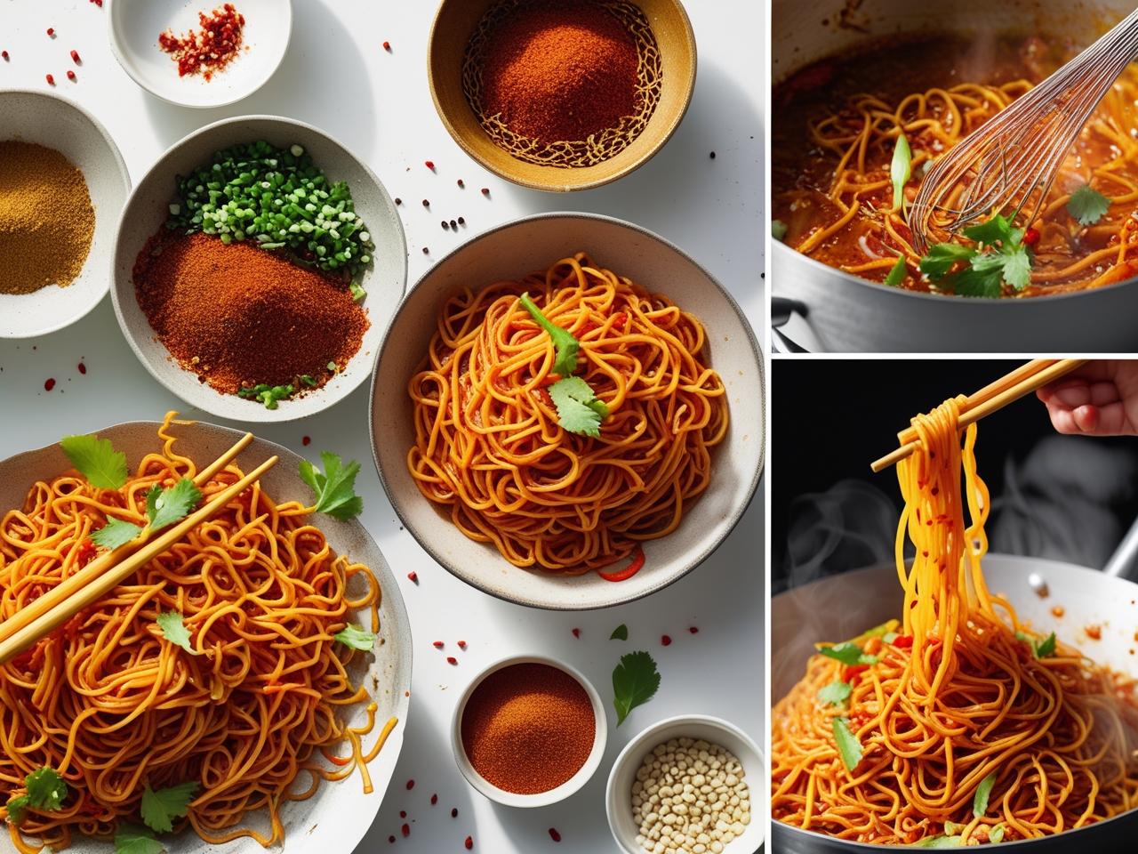 A large bowl of spicy chili noodles with a glossy red sauce, tossed with scallions and sesame seeds.