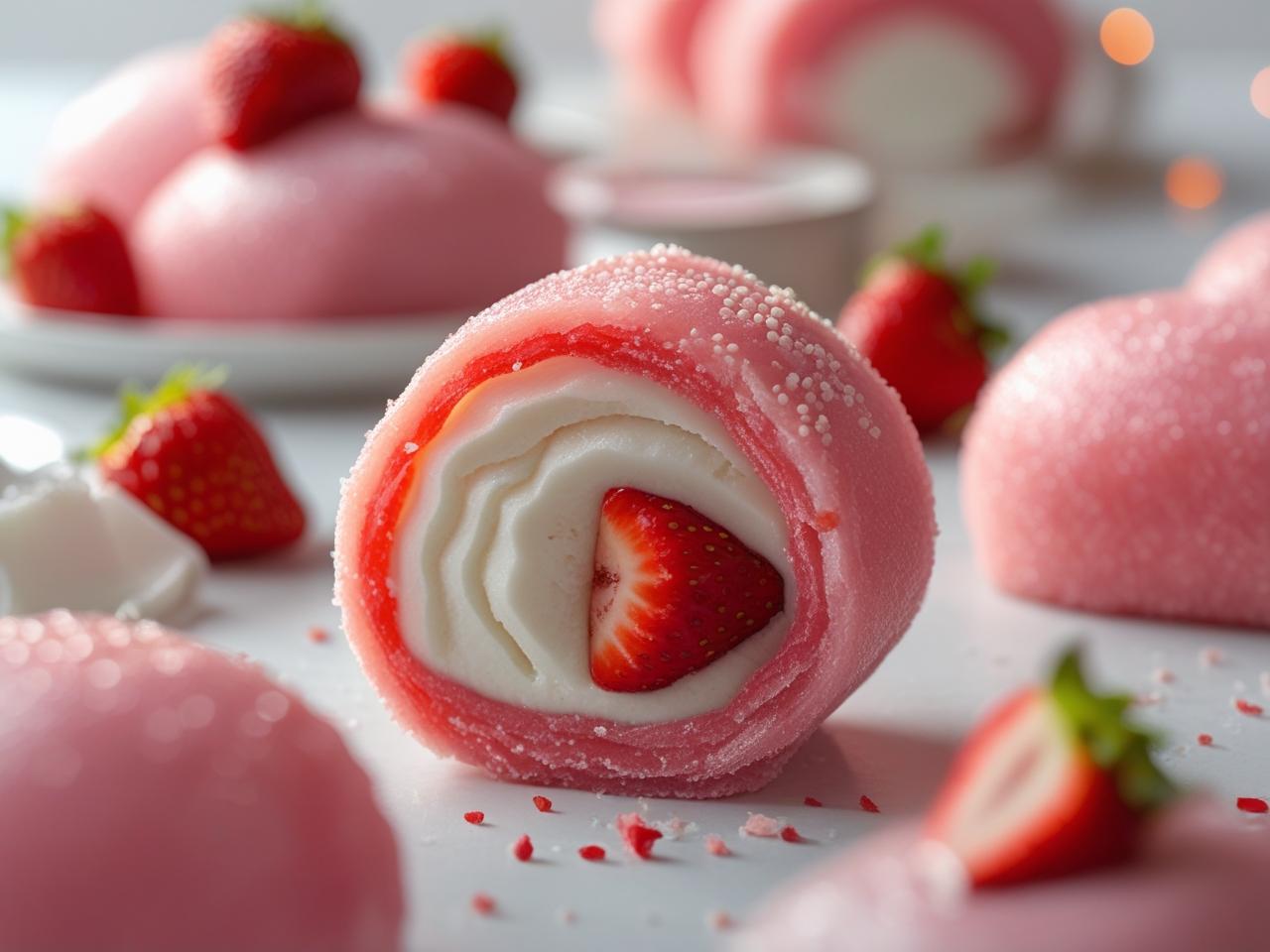 Homemade strawberry mochi rolls, filled with fresh strawberries and sweet red bean paste, presented on a plate.