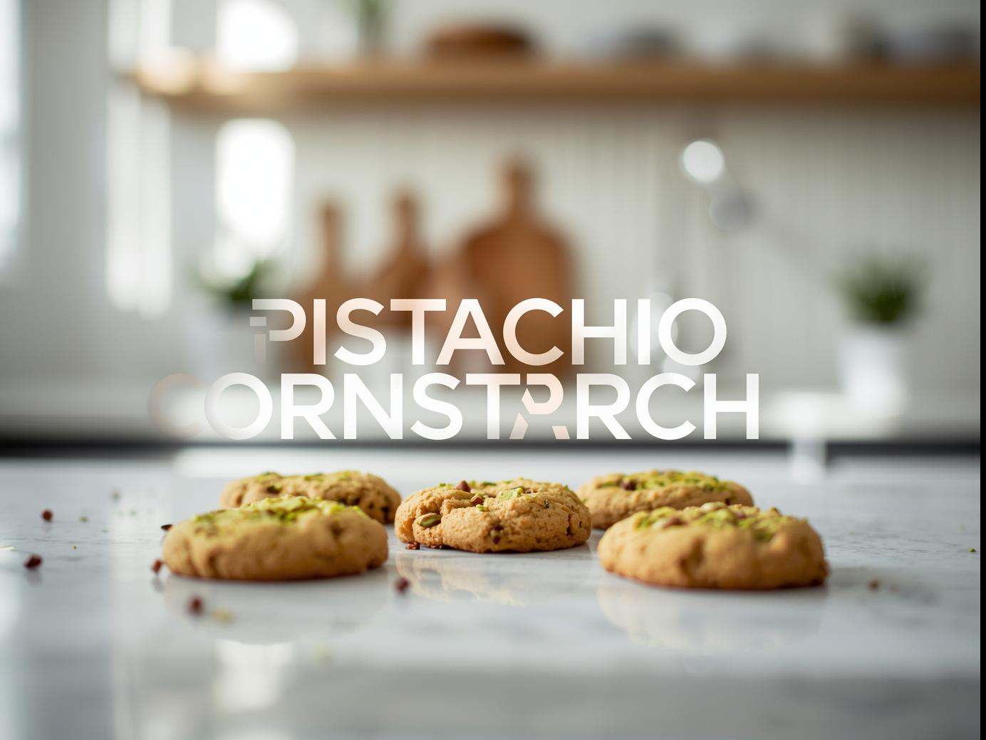 Homemade pistachio cornstarch cookies with a light green hue, dusted with powdered sugar, and topped with chopped pistachios.